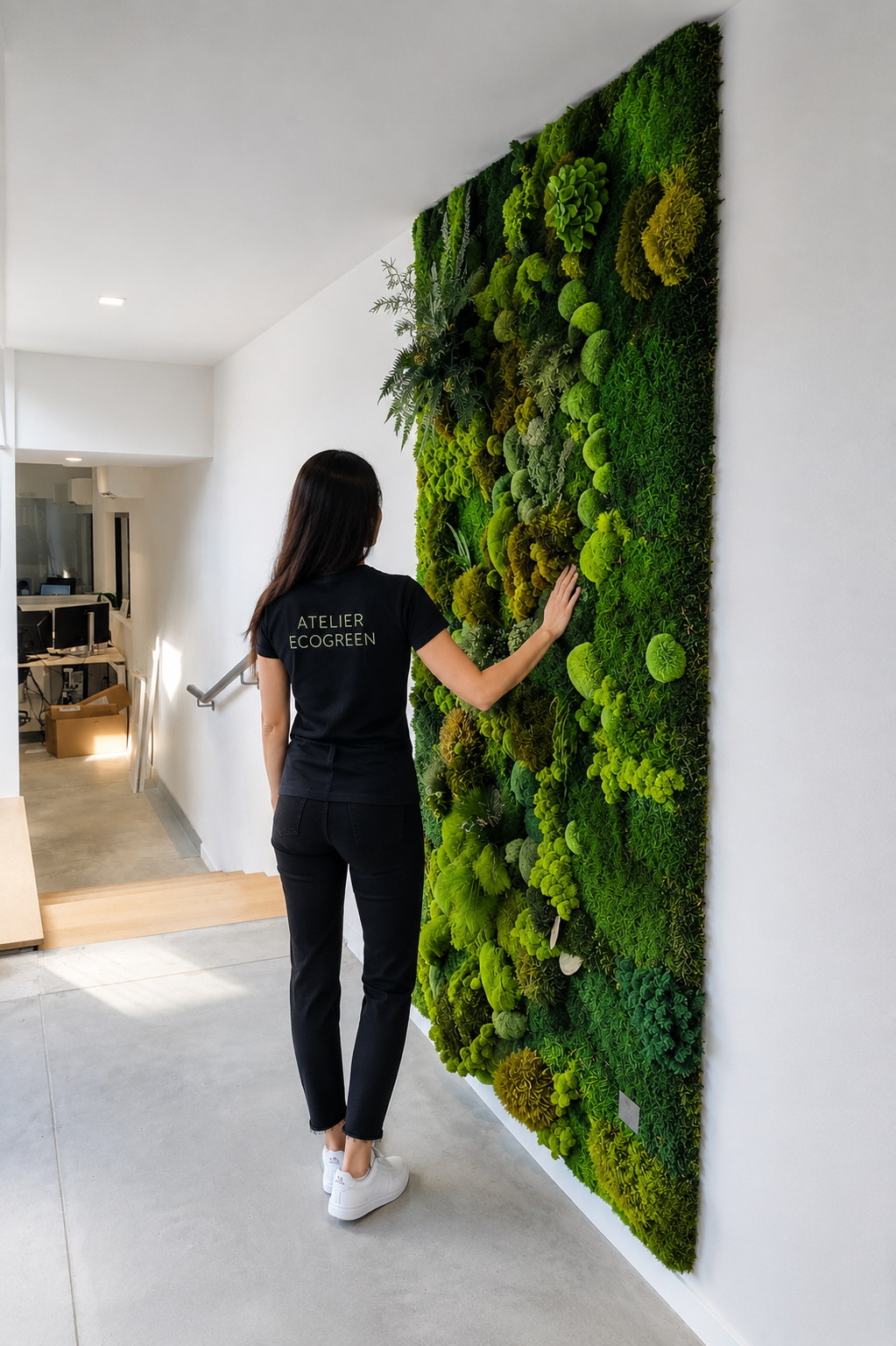 Marlène Brial devant un mur végétal stabilisé – Atelier Ecogreen